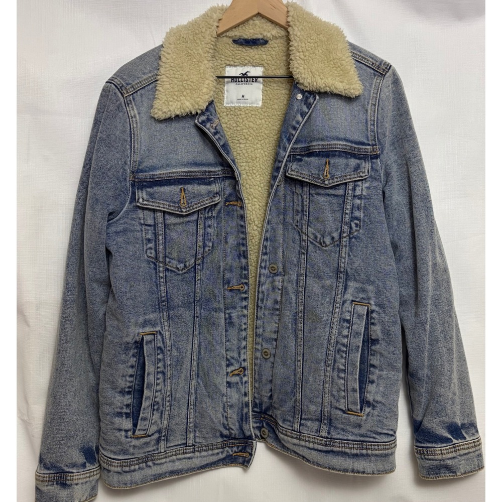 Hollister Denim Trucker Jacket Mens Medium Blue Excellent Sherpa Lined Lined
